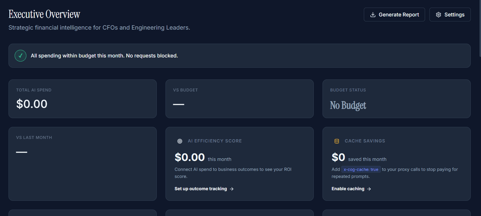 Executive Overview — spend KPIs, budget status, AI Efficiency Score, and Cache Savings